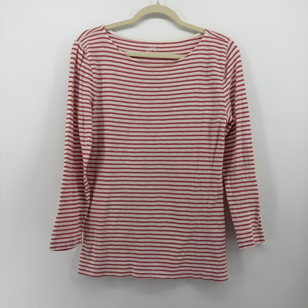J.Crew Womens Large Pink White Striped Painter Tee Boat Neck Long Sleeve Top